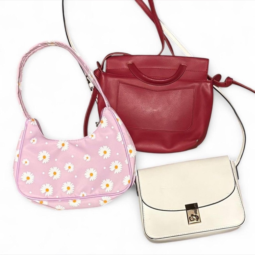 Stylish Pink Floral, Red, and Cream Handbag Set
